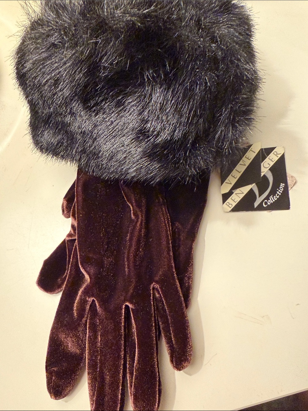 Velvet Brown Velvet Gloves with Black Faux Fur Cuff by Ben Berger